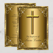 Invitation Pearl Damask & Cross Baptism/Christening Gold (Devant / Derrière)