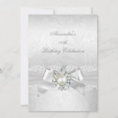 Invitation Pearl Diamond dentelle blanche Bow Damask Silver P (Devant)