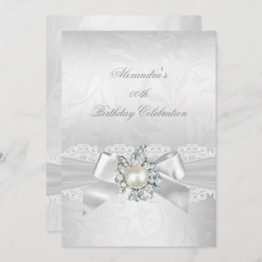 Invitation Pearl Diamond dentelle blanche Bow Damask Silver P (Devant / Derrière)