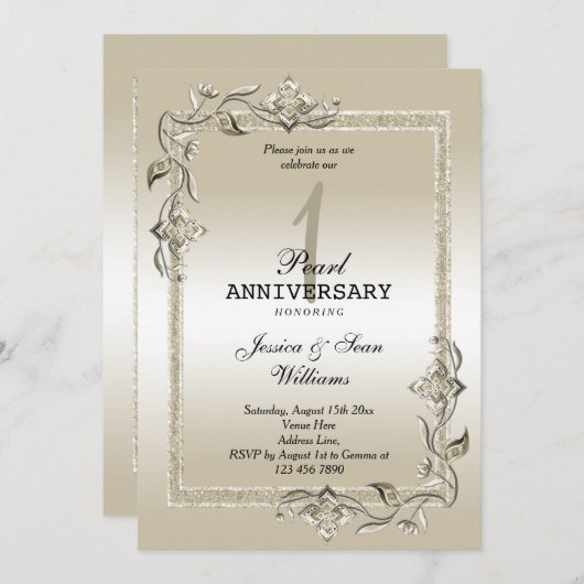 Invitation Pearl Gem & Parties scintillant 1er anniversaire M (Devant / Derrière)