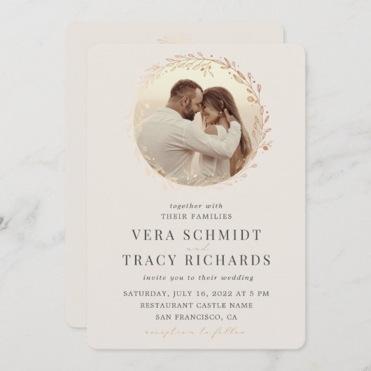 Invitation Pearl & Gold Leaf tout en un Mariage photo Rsvp da (Devant / Derrière)