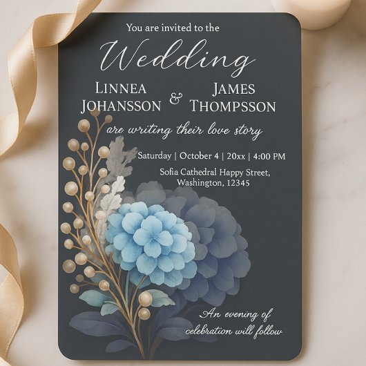 Invitation Pearl gris foncé Hydrangea Blue Watercolor Mariage