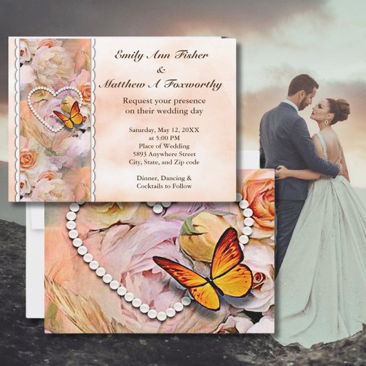 Invitation Pearl Heart Orange Roses et papillons Mariage