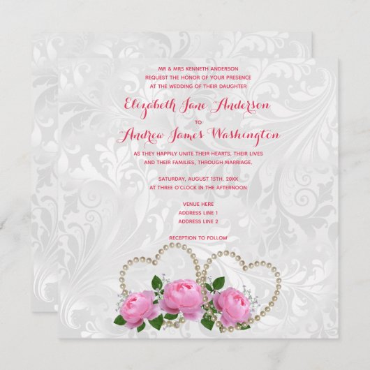Invitation Pearl Hearts & Roses Damask Wedding (Devant / Derrière)