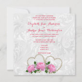 Invitation Pearl Hearts & Roses Damask Wedding (Devant)