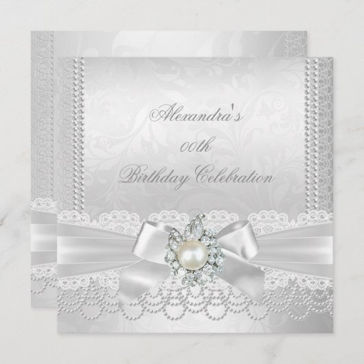 Invitation Pearl Lace Damask Diamond Silver White Bow Party (Devant / Derrière)