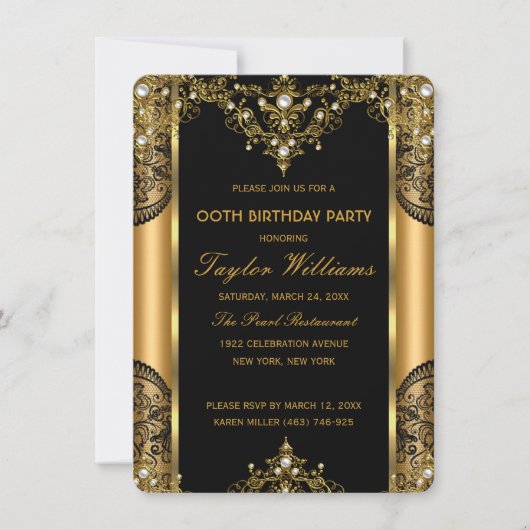 Invitation Pearl Lace Or Black Glamor fête d'anniversaire 2 (Devant)