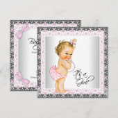 Invitation Pearl rose Grey Vintage bébé fille douche (Devant / Derrière)
