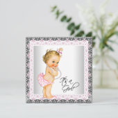 Invitation Pearl rose Grey Vintage bébé fille douche (Debout devant)
