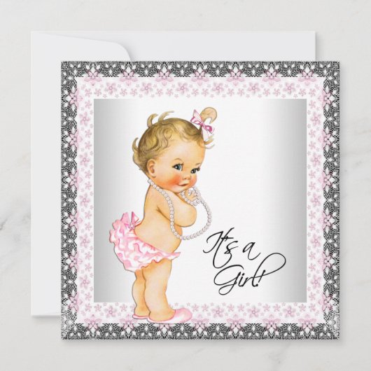 Invitation Pearl rose Grey Vintage bébé fille douche (Devant)