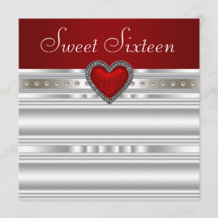 Invitation Pearl Ruby Red Heart Sweet sixteen Anniversaire