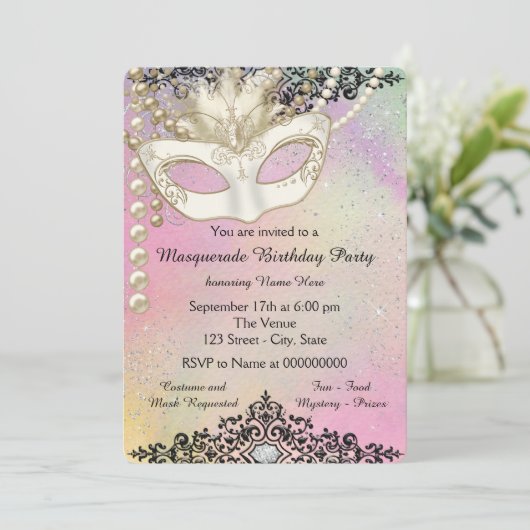 Invitation Pearl Watercolor Masquerade Party (Debout devant)