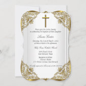 Invitation Pearle d'or blanc Damask Cross Baptism Christening (Devant)