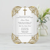 Invitation Pearle d'or blanc Damask Cross Baptism Christening (Debout devant)
