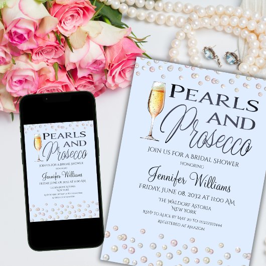 Invitation Pearles à thème bleu et Fête des mariées Prosecco