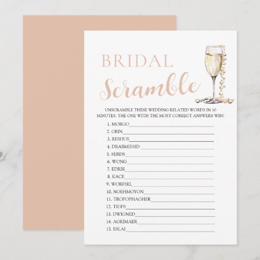 Invitation Pearles d'or et Prosecco Bridal Word Scramble Jeu (Devant / Derrière)