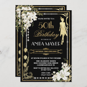 Invitation Pearles Floral Art Déco Gatsby Anniversaire N'IMPO