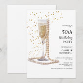 Invitation Pearls And Prosecco 50th Birthday Cocktail Party (Devant / Derrière)