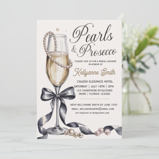 Invitation Pearls and Prosecco Black Bow Bridal Shower  (Debout devant)