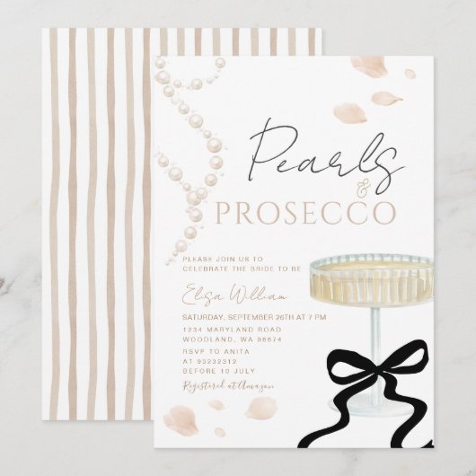 Invitation Pearls and Prosecco Ivory Bow Bridal Shower (Devant / Derrière)