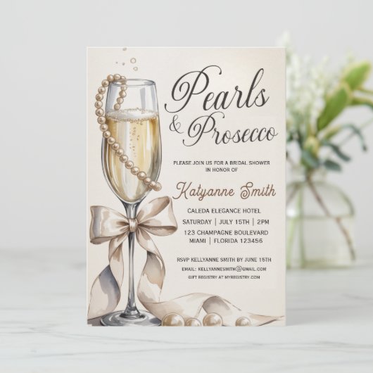 Invitation Pearls and Prosecco White Bow Bridal Shower  (Debout devant)