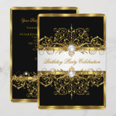 Invitation Pearls Black White Gold Élégante fête d'anniversai (Devant / Derrière)