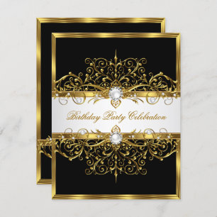 Invitation Pearls Black White Gold Élégante fête d'anniversai