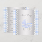 Invitation Pearls Blue En vichy Carriage Baby Boy Douche (Devant / Derrière)