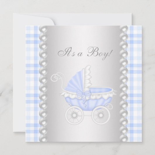 Invitation Pearls Blue En vichy Carriage Baby Boy Douche (Devant)