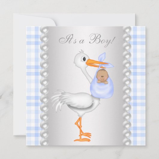 Invitation Pearls Blue En vichy cigogne bébé garçon douche (Devant)