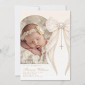 Invitation Pearls Bow Ivory elegant Arch Photo Baptism (Devant)