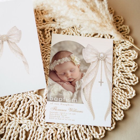 Invitation Pearls Bow Ivory elegant Arch Photo Baptism
