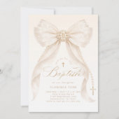 Invitation Pearls Gold Bow Girl Baptism Religious (Devant)