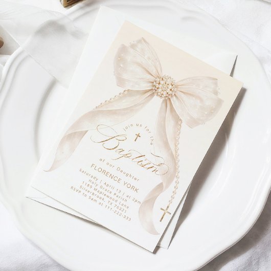 Invitation Pearls Gold Bow Girl Baptism Religious