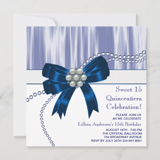 Invitation Pearls Marine Blue Quinceanera (Devant)