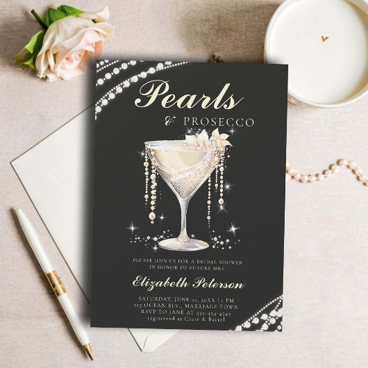 Invitation Pearls Prosecco Ivory Black Elegant Fête des marié