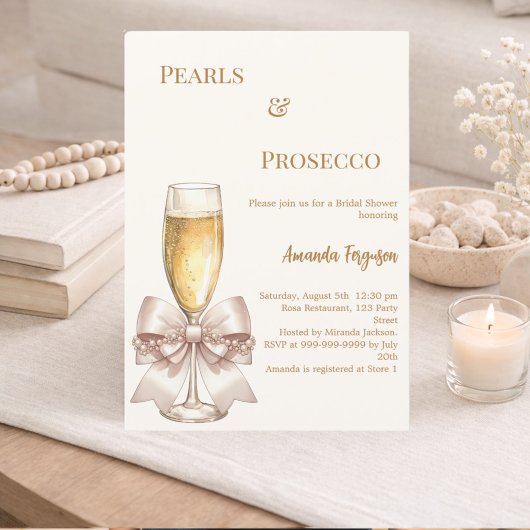 Invitation Pearls Prosecco ivory golden bow Bridal Shower