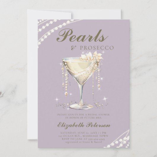Invitation Pearls Prosecco Lilac Gold Elegant Fête des mariée (Devant)