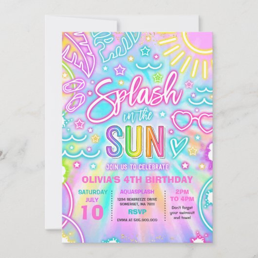 Invitation Peau Dans Le Soleil Piscine Anniversaire Tie Dye G (Devant)
