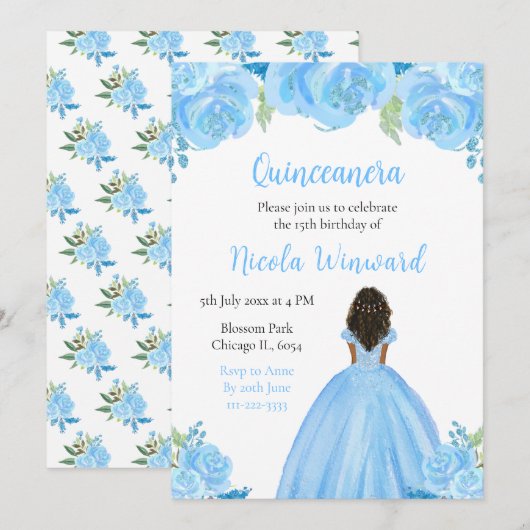 Invitation Peau foncée princesse bleu Floral Quinceanera (Devant / Derrière)