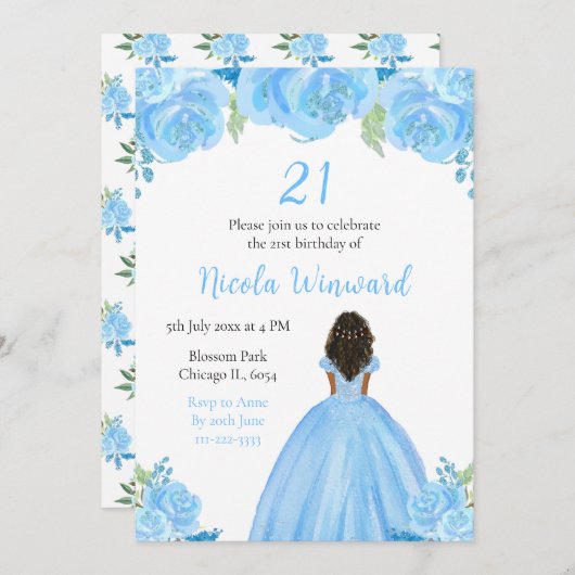 Invitation Peau foncée Princesse Florale Bleue Fête d'anniver (Devant / Derrière)