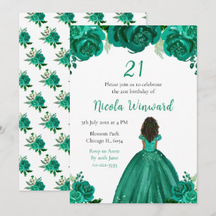 Invitation Peau foncée Princesse Flore verte fête d'anniversa
