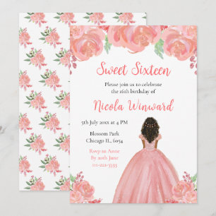 Invitation Peau foncée princesse rose Sweet sixteen floral