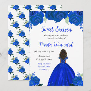 Invitation Peau foncée Princesse Sweet sixteen Floral bleu