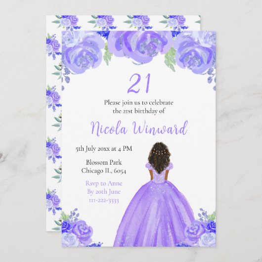 Invitation Peau foncée princesse violet florale fête d'annive (Devant / Derrière)