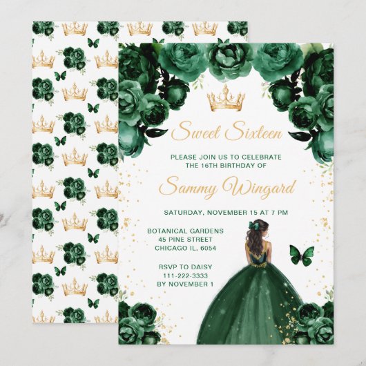 Invitation Peau foncée Vert foncé Princesse Sweet sixteen (Devant / Derrière)