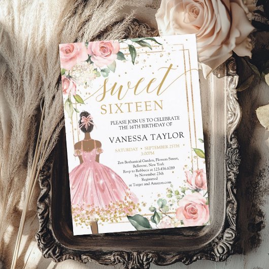 Invitation Peau noire Robe princesse rose robe blush or flora