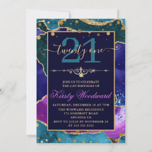 Invitation Peau, rose et Turquoise Parties scintillant or Aga