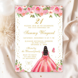 Invitation Peau rose florale foncée princesse fête d'annivers