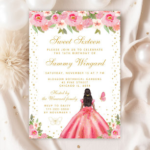 Invitation Peau rose florale foncée princesse Sweet sixteen